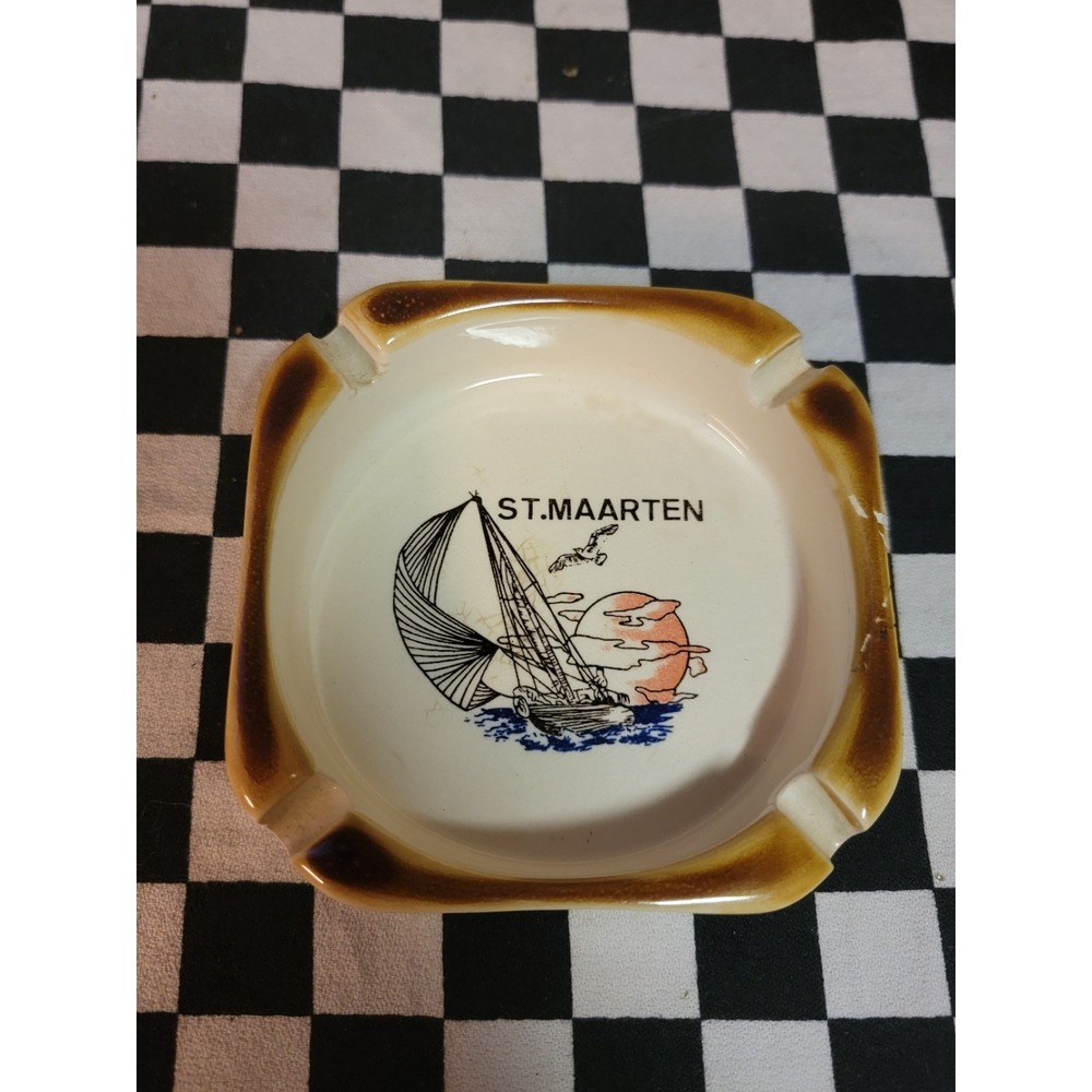 Vintage St Maarten Ceramic Ashtray Sailboat Sunset Souvenir 5.5 Inch